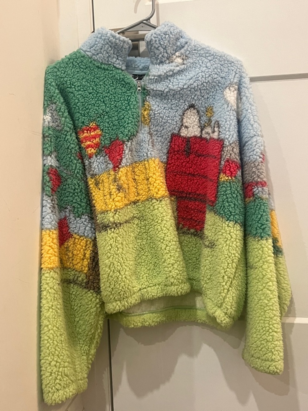Peanuts Multicolor Sherpa Crew Sweater - Light Blue/Green/Red/Yellow